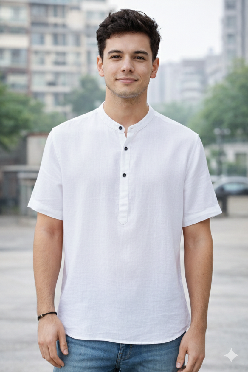 Men Linen Solid Short Kurta Shirt | Mandarin Collar | Casual & Festive Wear