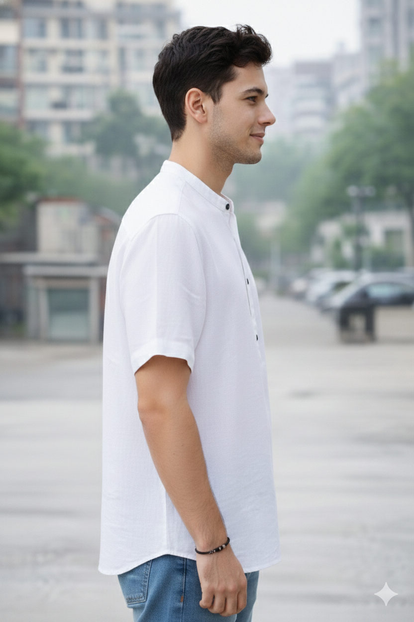 Men Linen Solid Short Kurta Shirt | Mandarin Collar | Casual & Festive Wear